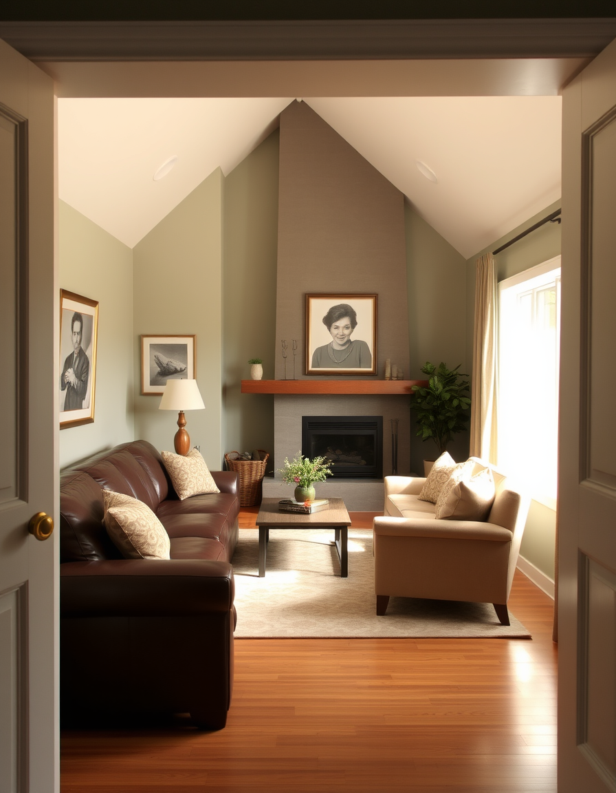 Main painting studio: Design living room. Starting from doorway. Window is placed on right side of room and is the only light source. Dark brown leather sofa left side of r