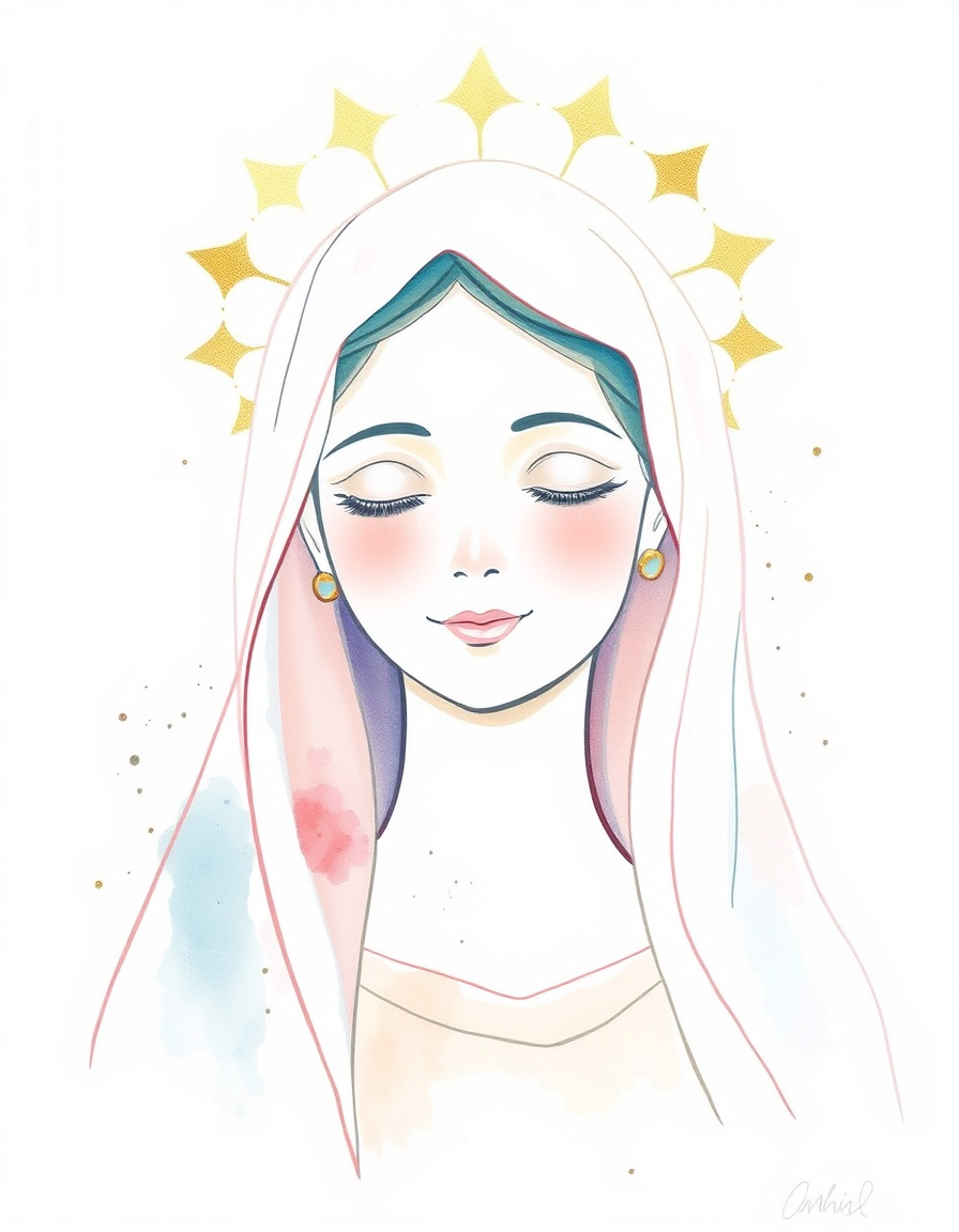 Main painting studio: : A beautiful watercolor painting of the Virgin Mary, soft pastel colors, minimalist lines, gentle and peaceful smile, dynamic watercolor splashes, go