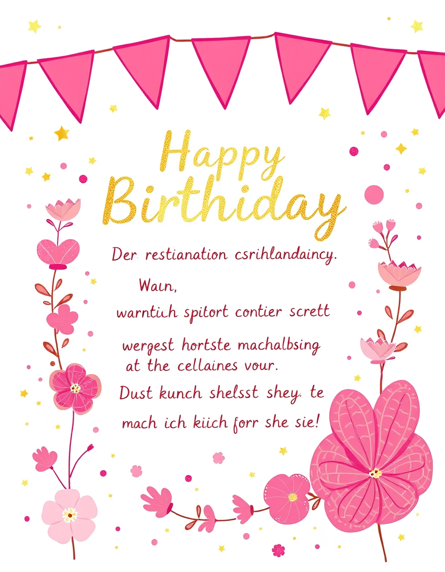 Birthday Cards idea: birthday card design, cheerful festive artwork, space for greeting, Die Geburtstagseinladungskarte sollte hauptsächlich in den Farben rosa und gold ge