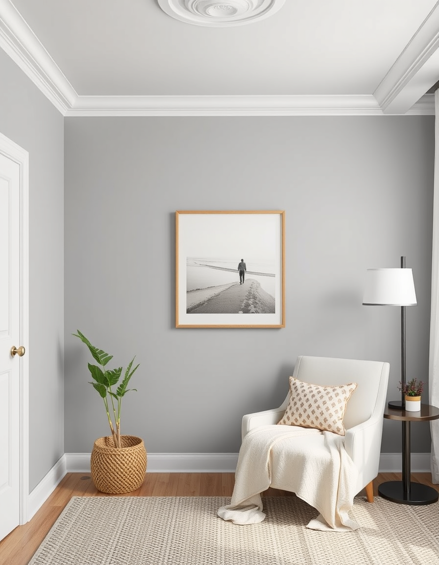 Paint Color idea: room repainted in a new wall color from the photo, accurate paint finish, photorealistic interior render, I need an image of a room with SW 7727 on th