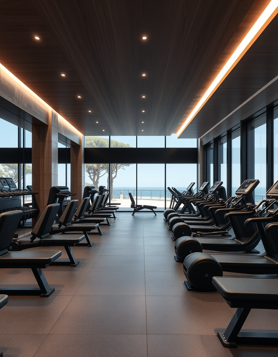 Main painting studio: Crée une photographie photoréaliste d'un espace musculation haut de gamme pour MARÉA, un club privé de fitness et de bien-être situé à Cannes, face à