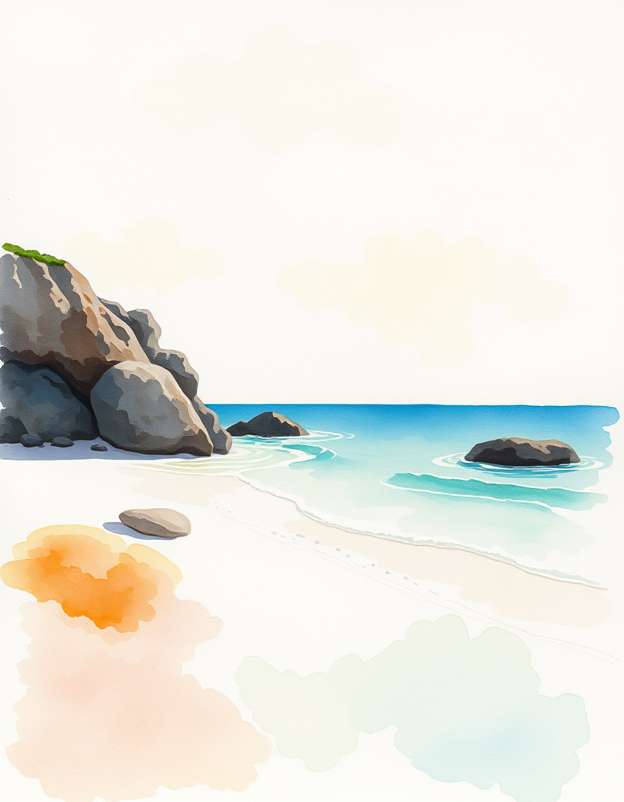 Picture Into Watercolor idea: turn picture into watercolor, transparent washes, paper texture, soft pigment edges, Una foto de vacaciones en la playa convertida en acuarela, arena 