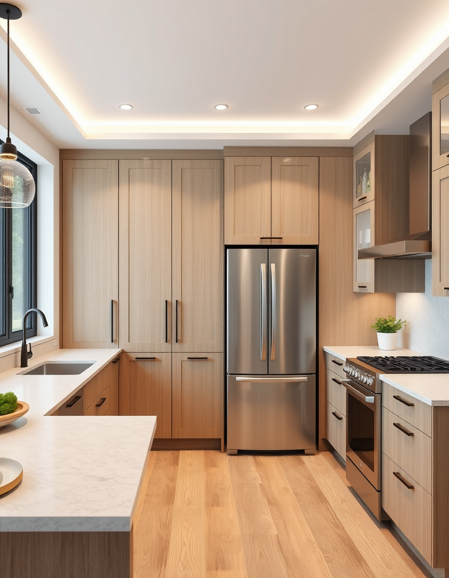 Kitchen Design idea: AI kitchen design, modern cabinetry countertops and lighting, photorealistic interior render, 1 x tall 2 door pantry cabinet, 1 x 2 door fridge overhe