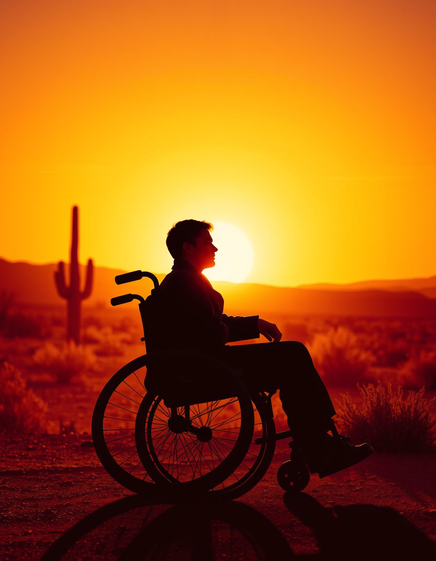 Book Covers idea: book cover composition, vertical 2:3 format, title-ready negative space at top, evocative subject, Cole & Marisol together in his wheelchair — silhoue