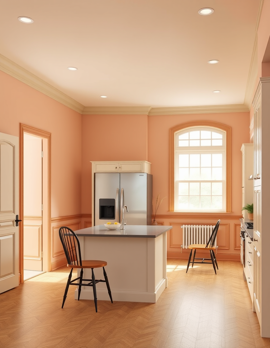 Paint Color idea: room repainted in a new wall color from the photo, accurate paint finish, photorealistic interior render, kitchen with warm peach-beige walls and pers