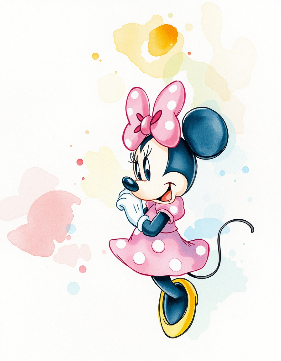 Picture Into Watercolor idea: turn picture into watercolor, transparent washes, paper texture, soft pigment edges, minnie mouse , delicate watercolor painting, luminous color, hand