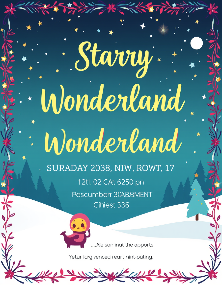 Invitation idea: party invitation design, festive layout, decorative border, space for event details, Starry Wonderland birthday party/ indoor winter wonderland girls