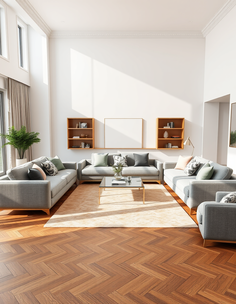 Interior Design idea: AI interior design, cohesive furniture layout decor and lighting, photorealistic interior render, Photorealistic modern living room, white walls, warm
