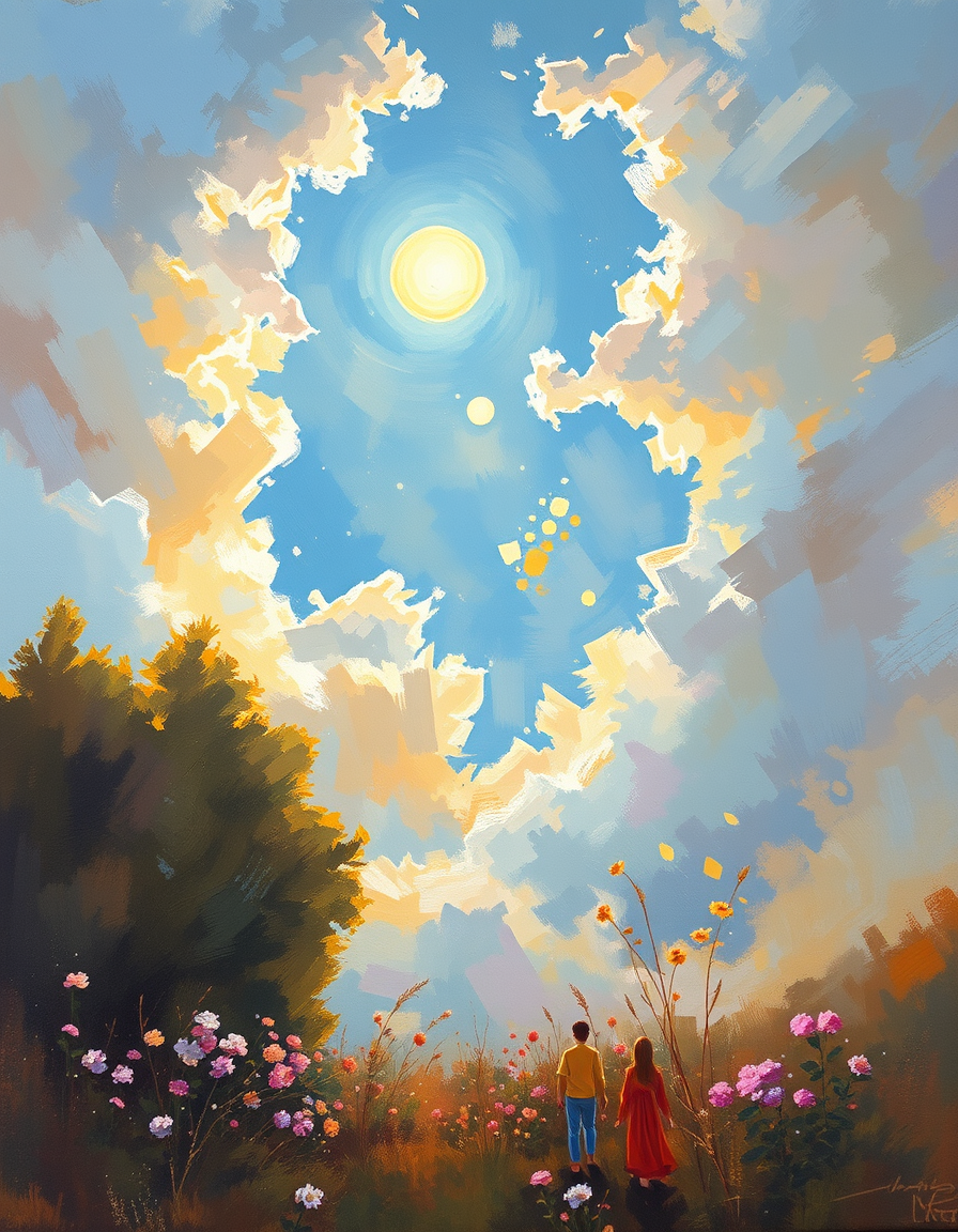 Photo To Paintings idea: painting from the photo, rich brushstrokes, painterly texture, Imagen de un amanecer sol nubes vegetación , fine-art painting portrait