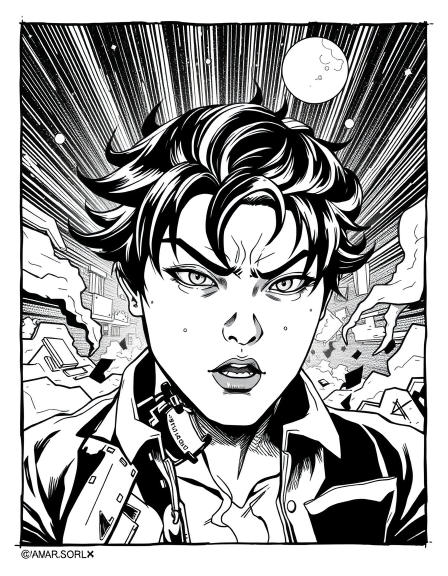Comic Art idea: comic art, bold ink lines, halftone shading, dynamic composition, 조용하고 차분하며 큰 안경을쓰고있고 묶은머리와 둥근 안경을 쓴 캐릭터 정면,측면,후면 그려줘 캐릭터 느낌으로 해줘 귀여운 만화캐릭터 느낌으로 아! 전신