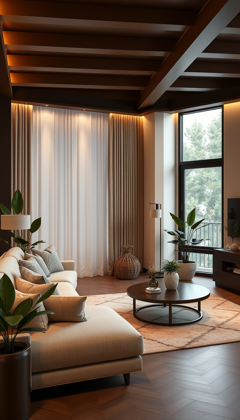 Interior Design idea: AI interior design, cohesive furniture layout decor and lighting, photorealistic interior render, Luxury cozy living room, cream sofa, warm amber ligh