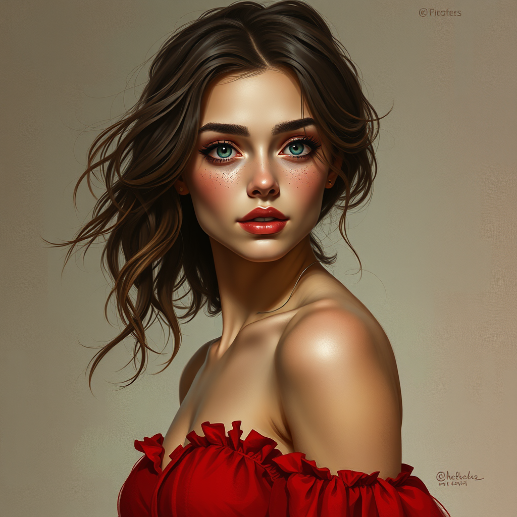 Book Covers idea: cover-ready concept art organized around genre, focal point, and title-safe space, deliberate composition, make me a hot brunette girl with freckles. 