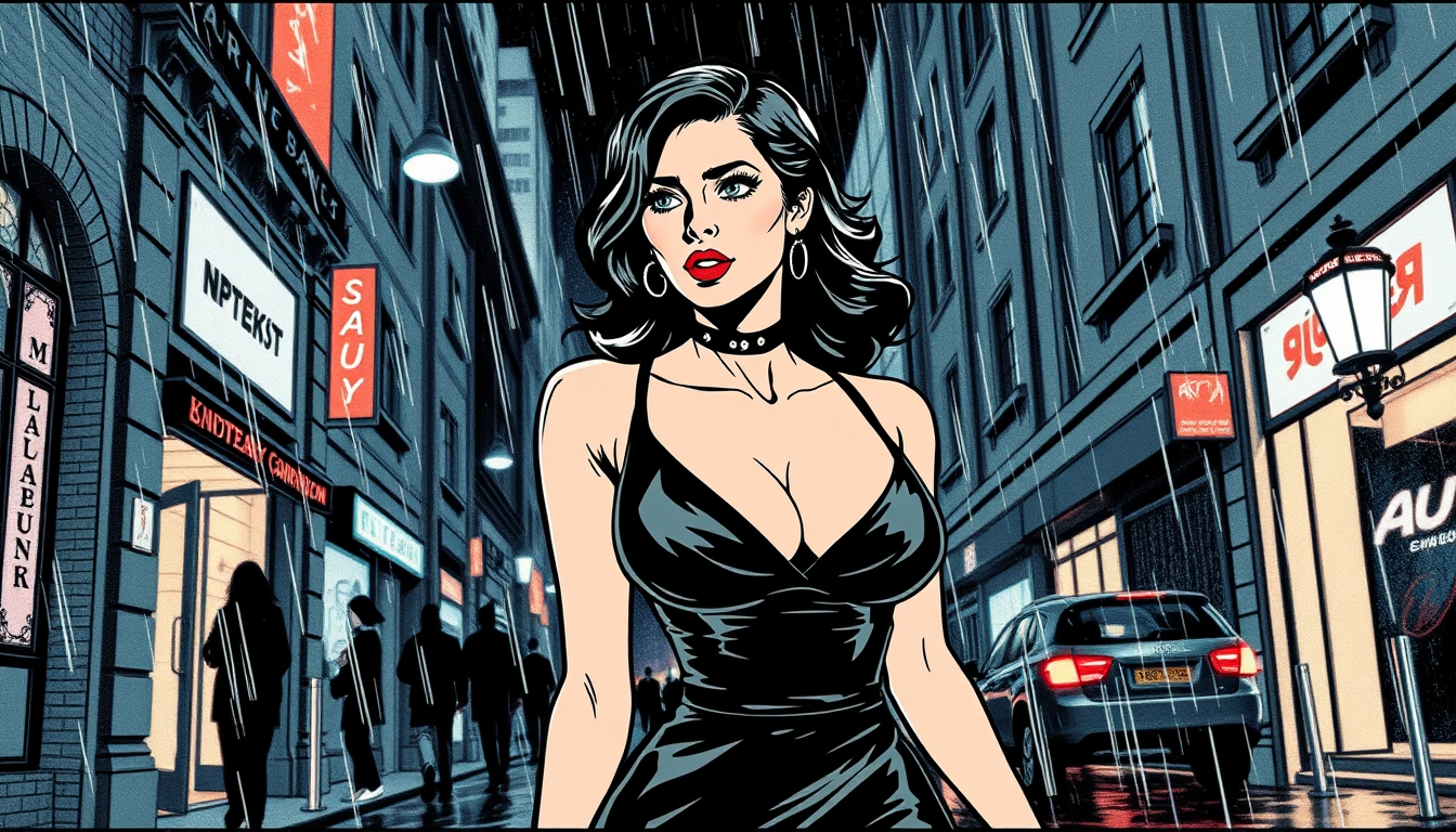 Comic Art idea: comic art, bold ink lines, halftone shading, dynamic composition, Young woman wearing a black party wear, having large heavy breast, walking in street