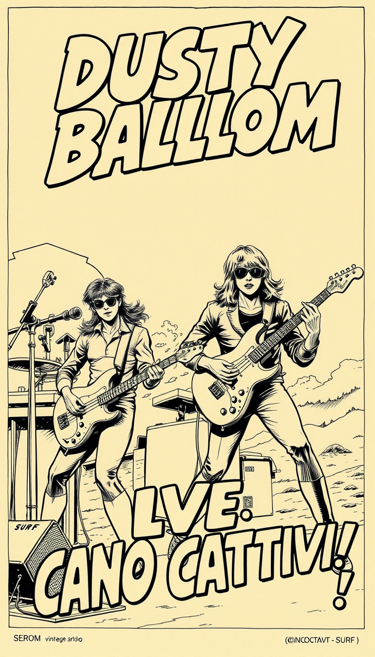 Comic Art idea: comic art, bold ink lines, halftone shading, dynamic composition, Generiere ein Bild im Franco belgischen surrealen Comicstil (Moebius) mit einer Surf