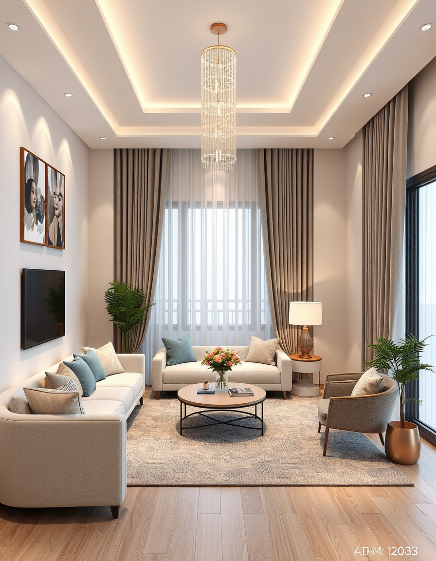 Interior Design idea: AI interior design, cohesive furniture layout decor and lighting, photorealistic interior render, الباب الرئيسي يكون من خشب داكن مع نقوش معدنية ذهبية،