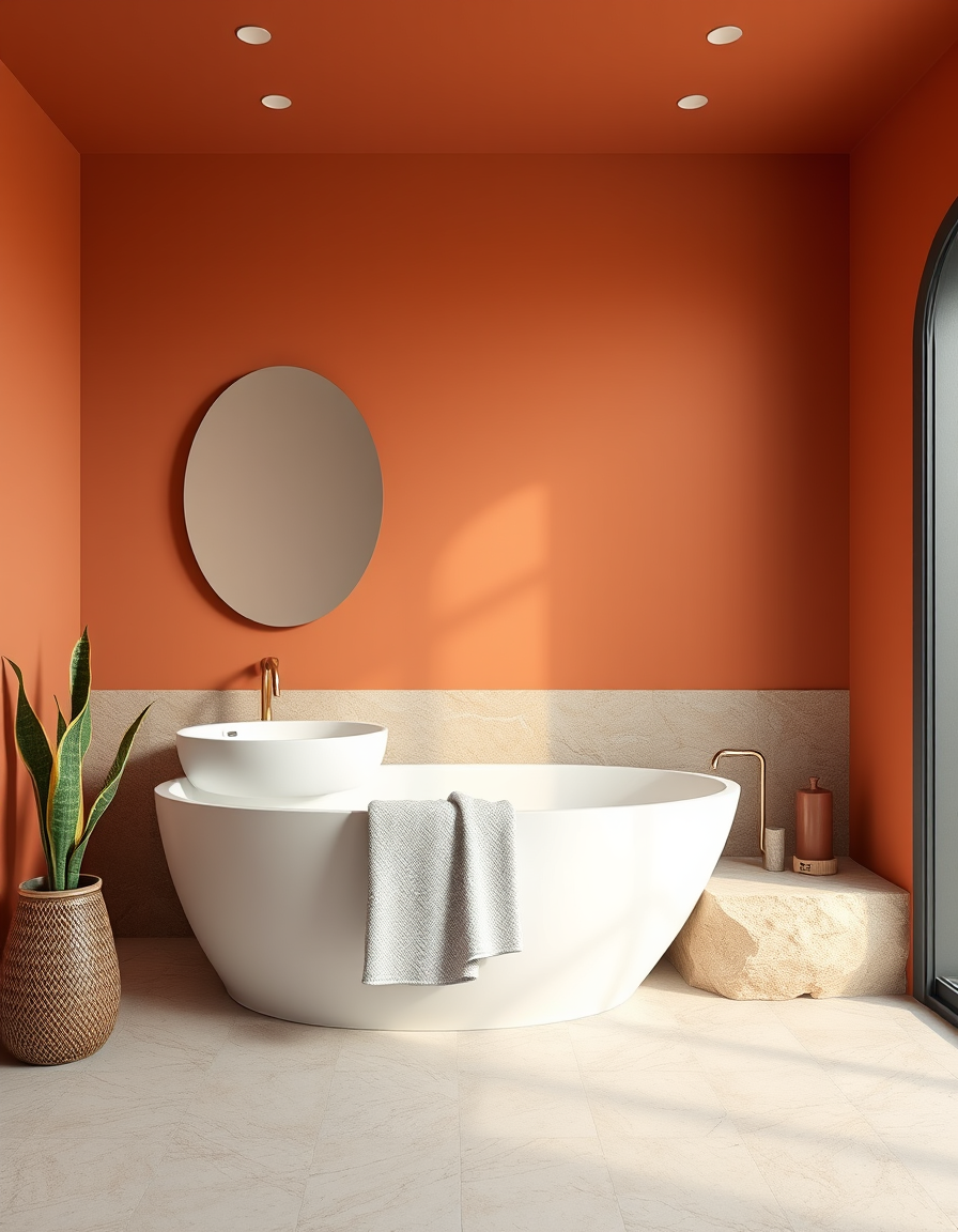 Paint Color idea: room repainted in a new wall color from the photo, accurate paint finish, photorealistic interior render, a bathroom with terracotta walls, matte fini