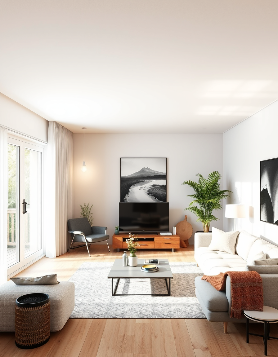 Room Design idea: AI room design, full room layout furniture and lighting, photorealistic interior render, 45 Quadratmeter wohnung 3 Zimmer dachgeschosswohnung modern e