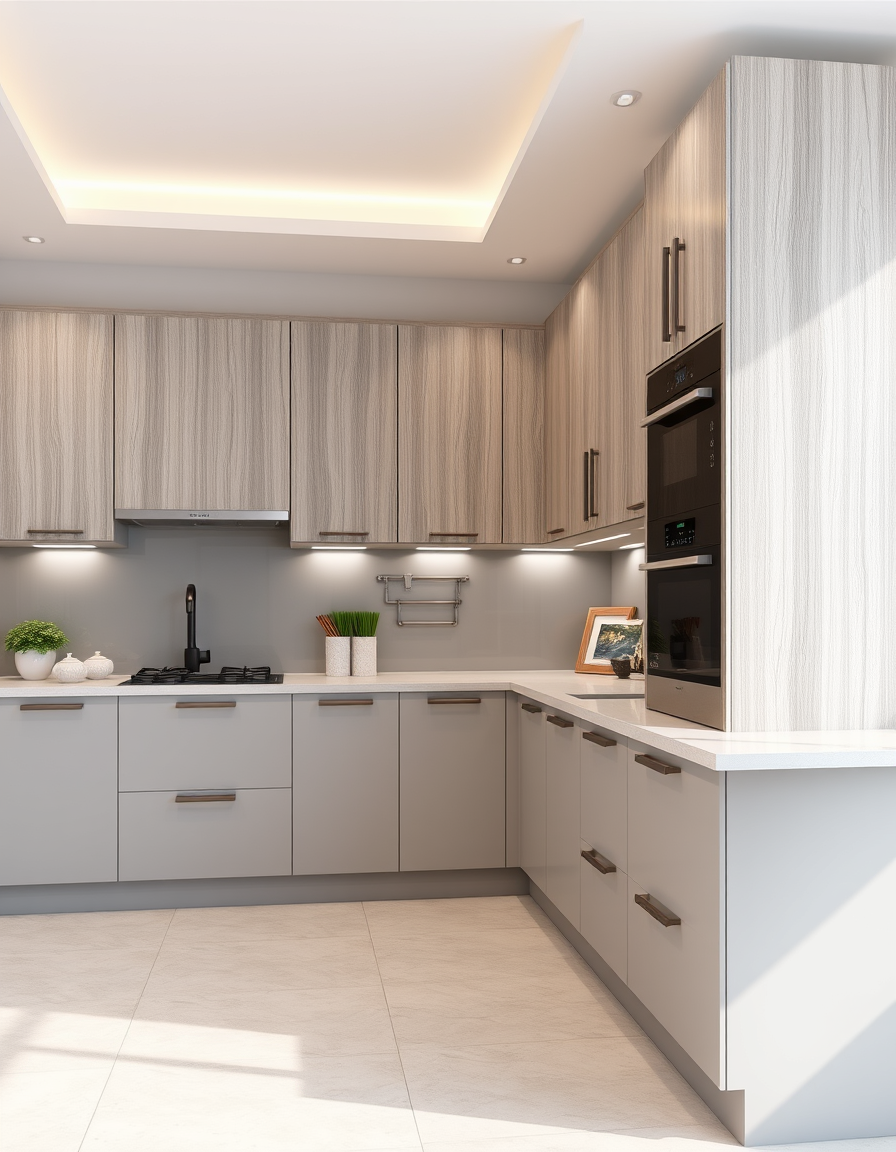Kitchen Design idea: AI kitchen design, modern cabinetry countertops and lighting, photorealistic interior render, U shape kitchen, one side has over hang for breakfast ba