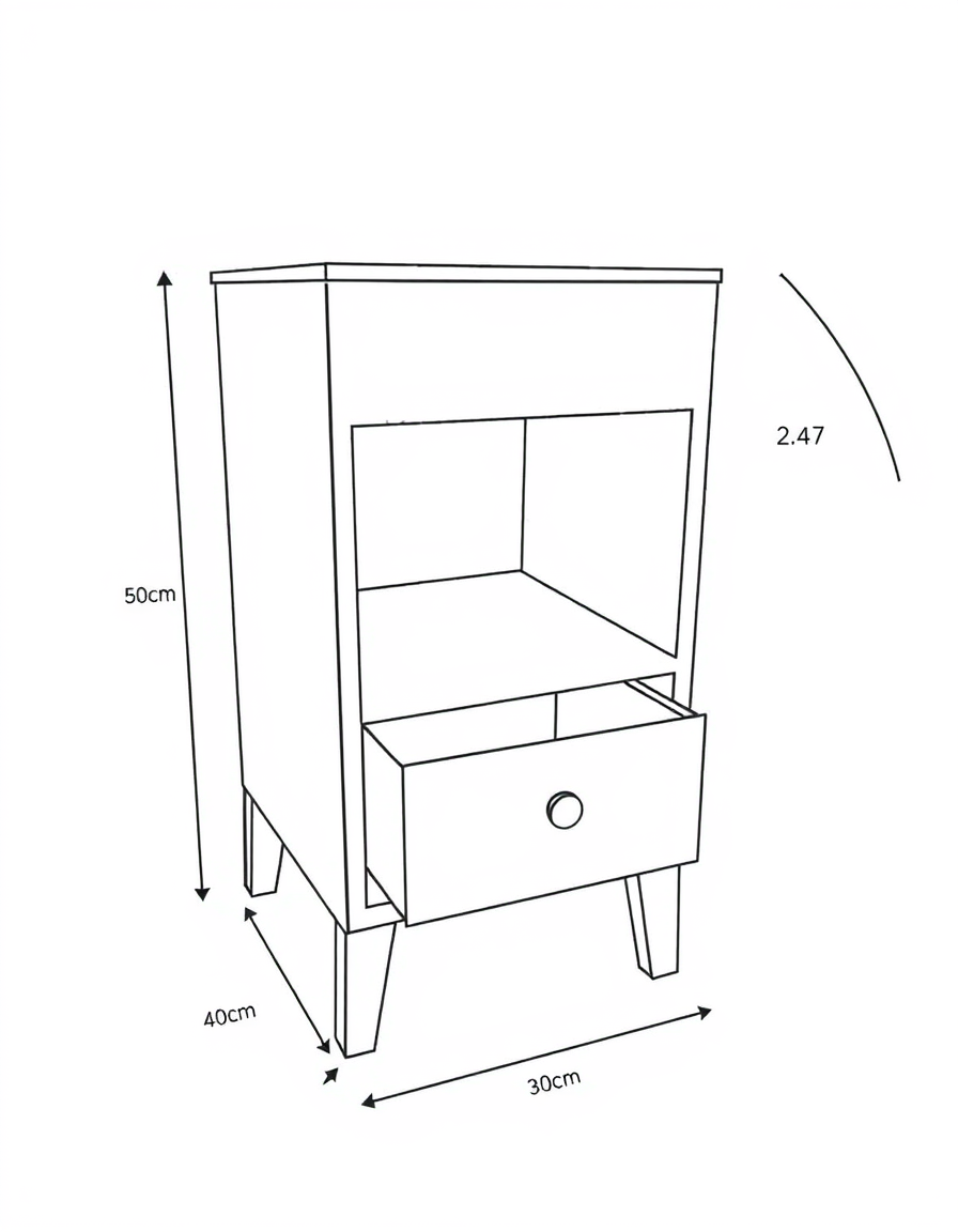 Main painting studio: Can you draw a bedside table that will fit right side of the bed as following Depth 40cm Width 30cm Total height 75cm Total height divided as followin