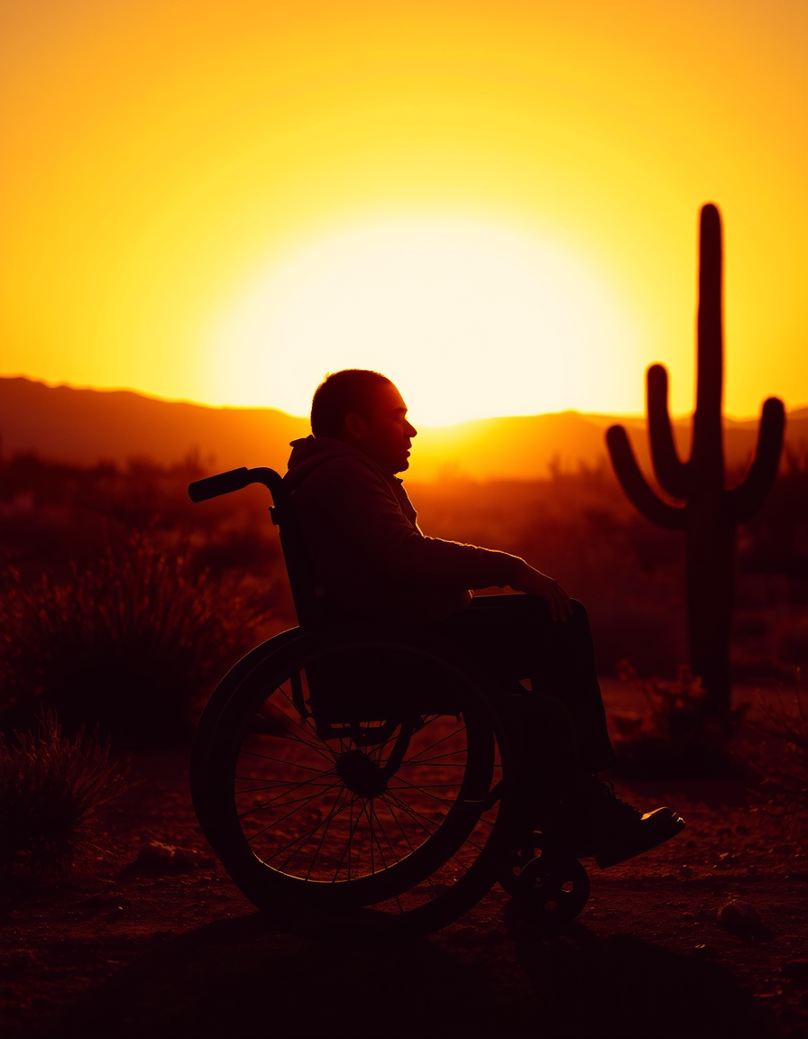 Book Covers idea: book cover composition, vertical 2:3 format, title-ready negative space at top, evocative subject, Cole & his gitl, Marisol together in his wheelchair