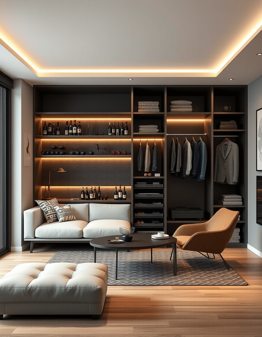 Interior Design idea: AI interior design, cohesive furniture layout decor and lighting, photorealistic interior render, Transforme ce placard en 2 partie une cave a vin et
