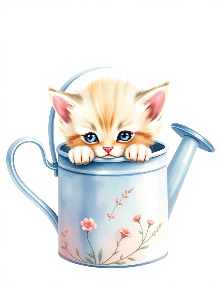 AI Painting prompt example created from the prompt: A charming watercolor clipart illustration of an adorable tiny kitten sitting snugly inside a vintage metal watering can. The kitten peeks o
