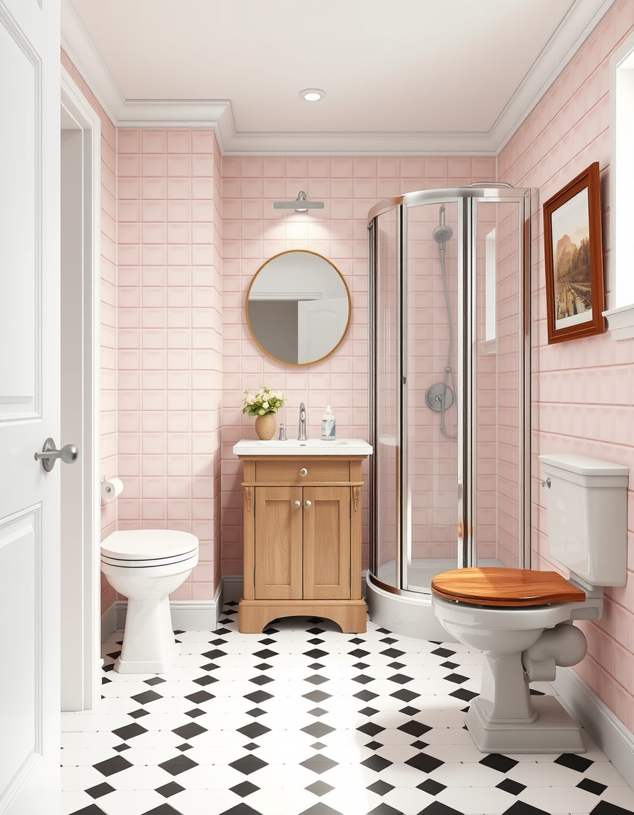 Bathroom Design idea: AI bathroom design, tiled surfaces vanity and fixtures, photorealistic interior render, small bathroom with a toilet on the left of the doorway, then