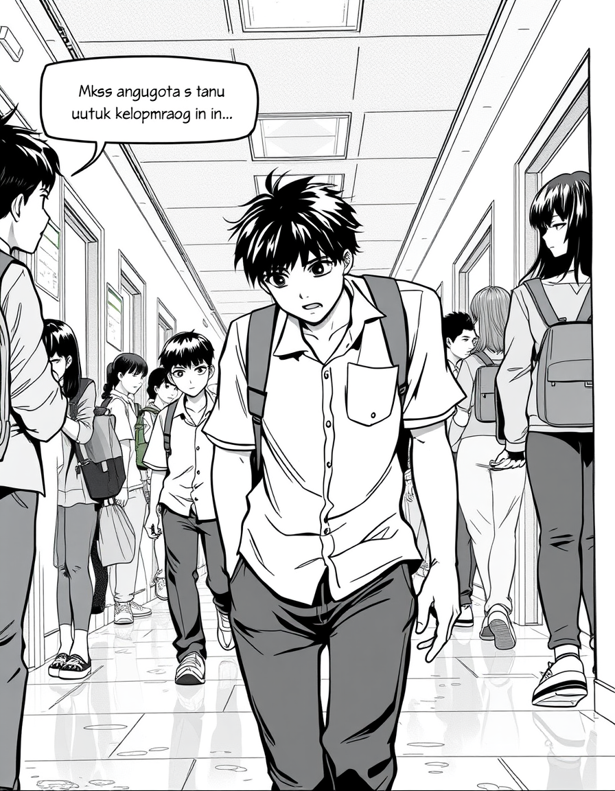 Comic Art idea: comic art, bold ink lines, halftone shading, dynamic composition, Panel 1 Indonesian high school hallway during class break, many students walking aro