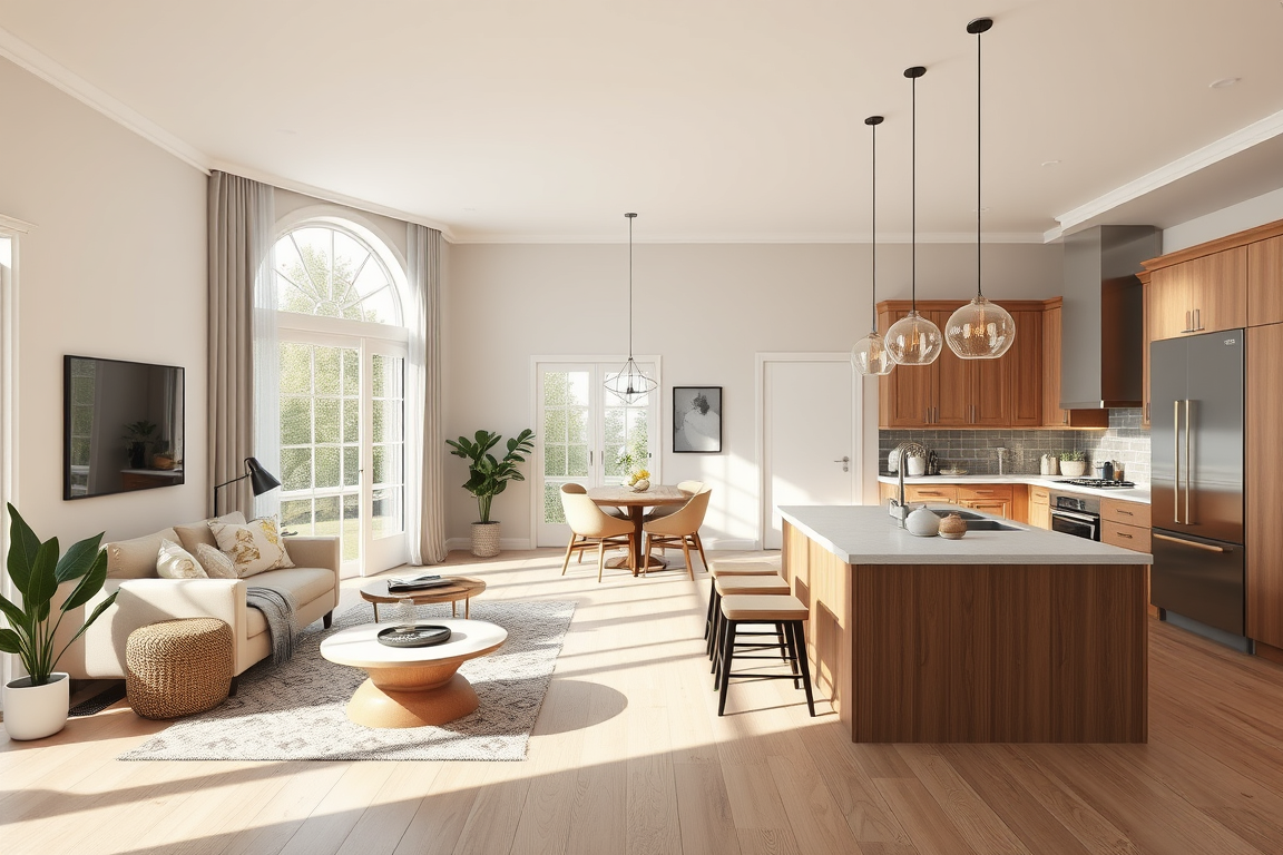 AI Interior Design idea created from the prompt: AI interior design, cohesive furniture layout decor and lighting, photorealistic interior render, a bright open-plan kitchen and living area