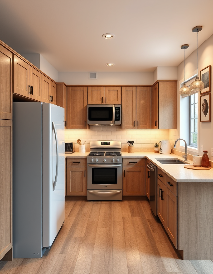 Room Design idea: AI room design, full room layout furniture and lighting, photorealistic interior render, Spacious, cozy light brown and white ONLY kitchen, oak cabine
