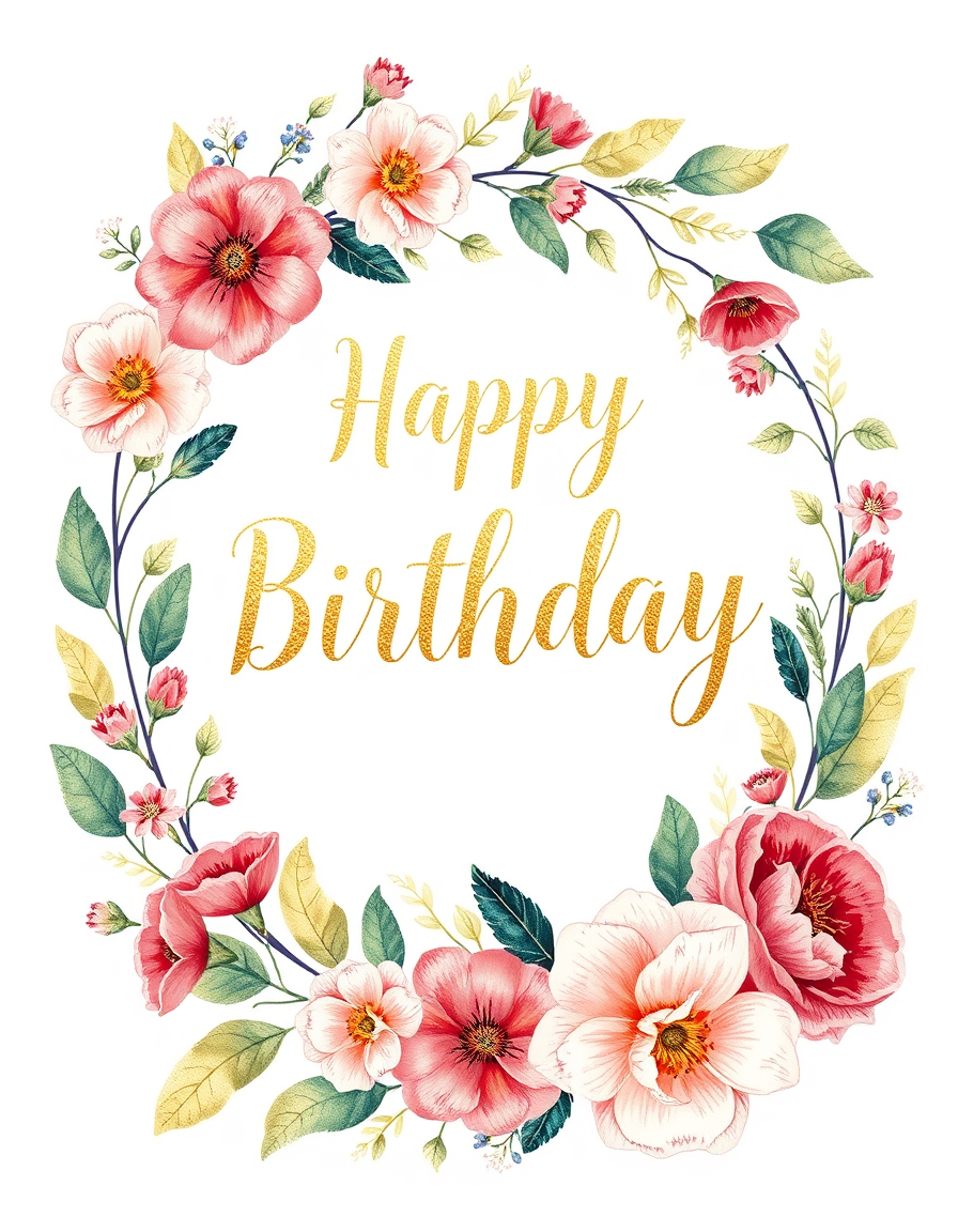 Birthday Cards idea: birthday card design, cheerful festive artwork, space for greeting, elegant floral wreath with gold lettering, botanical illustration , printable birt