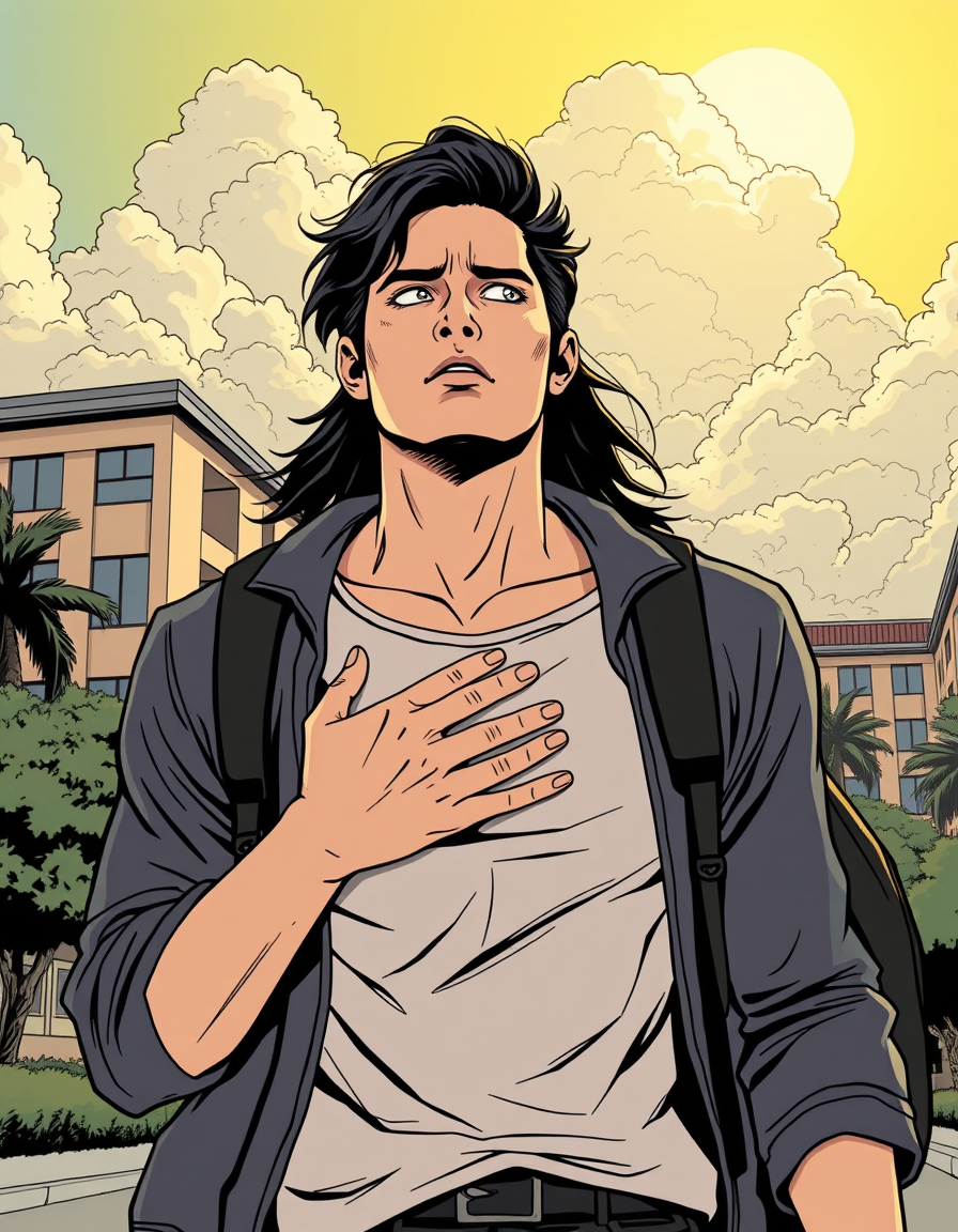 Comic Art idea: comic art, bold ink lines, halftone shading, dynamic composition, Anime manga style, same Cláudio Sánchez from the reference image, 18-year-old tall a