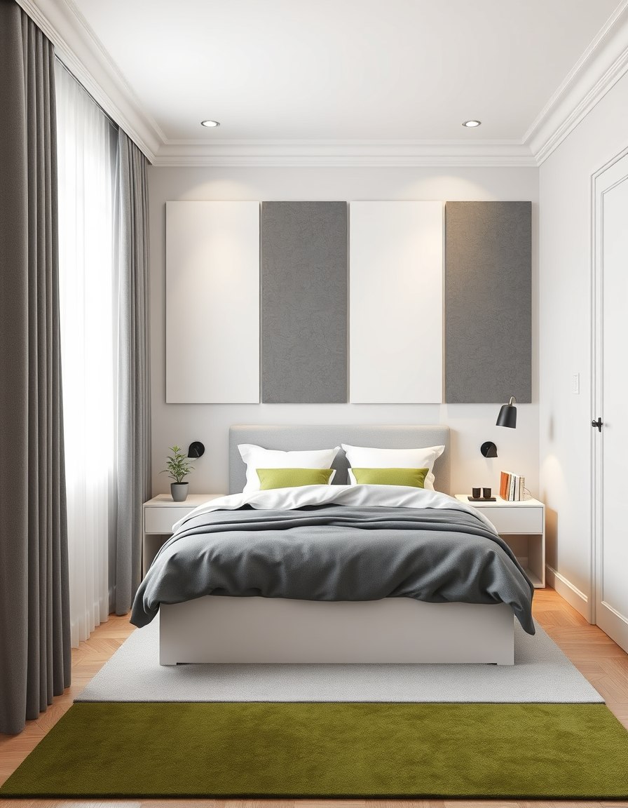 Bedroom Design idea: AI bedroom design, bed layout decor and lighting, photorealistic interior render, chambre de 20m2. GENERE LE DYSIGN D UNE PETITE CHAMBRE POUR HOMME. P