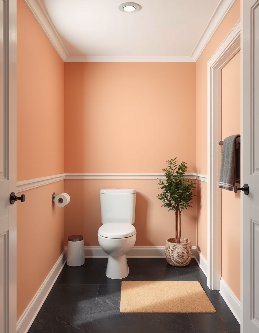 Paint Color idea: room repainted in a new wall color from the photo, accurate paint finish, photorealistic interior render, toilet painted with dark grey flooring, pain