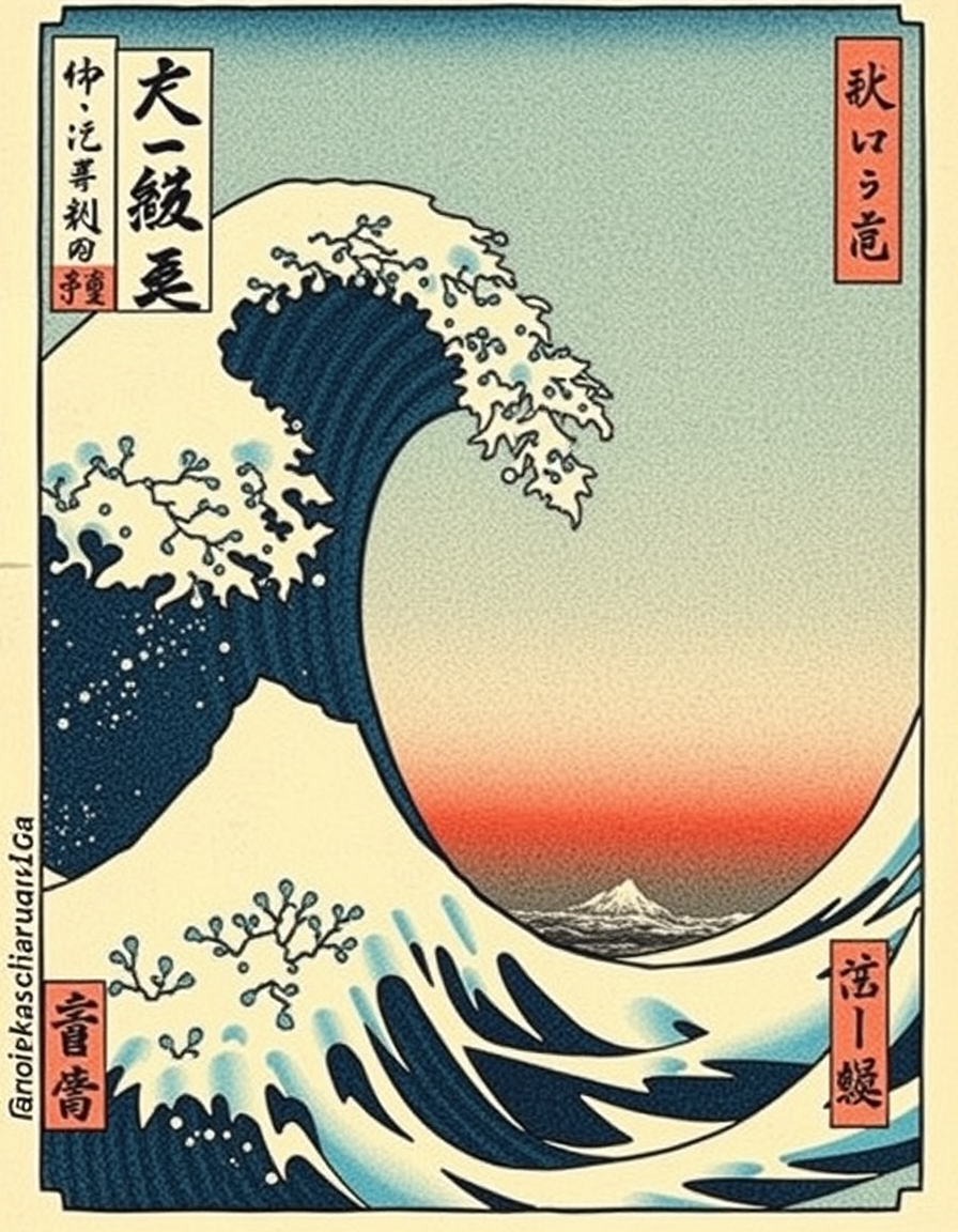Ukiyo E idea: ukiyo-e woodblock print, flat color planes, bold black outline, traditional Japanese print, 浮世繪 街道 商店街 電線桿 竹 浪人背著吉他 侘寂 , inspired by Hokusai and Hiros
