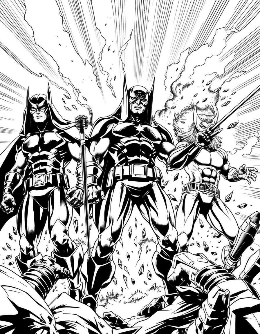 Comic Art idea: comic art, bold ink lines, halftone shading, dynamic composition, maak een strip over dat de band the offspring de advengers venum en xmen vechte , gr