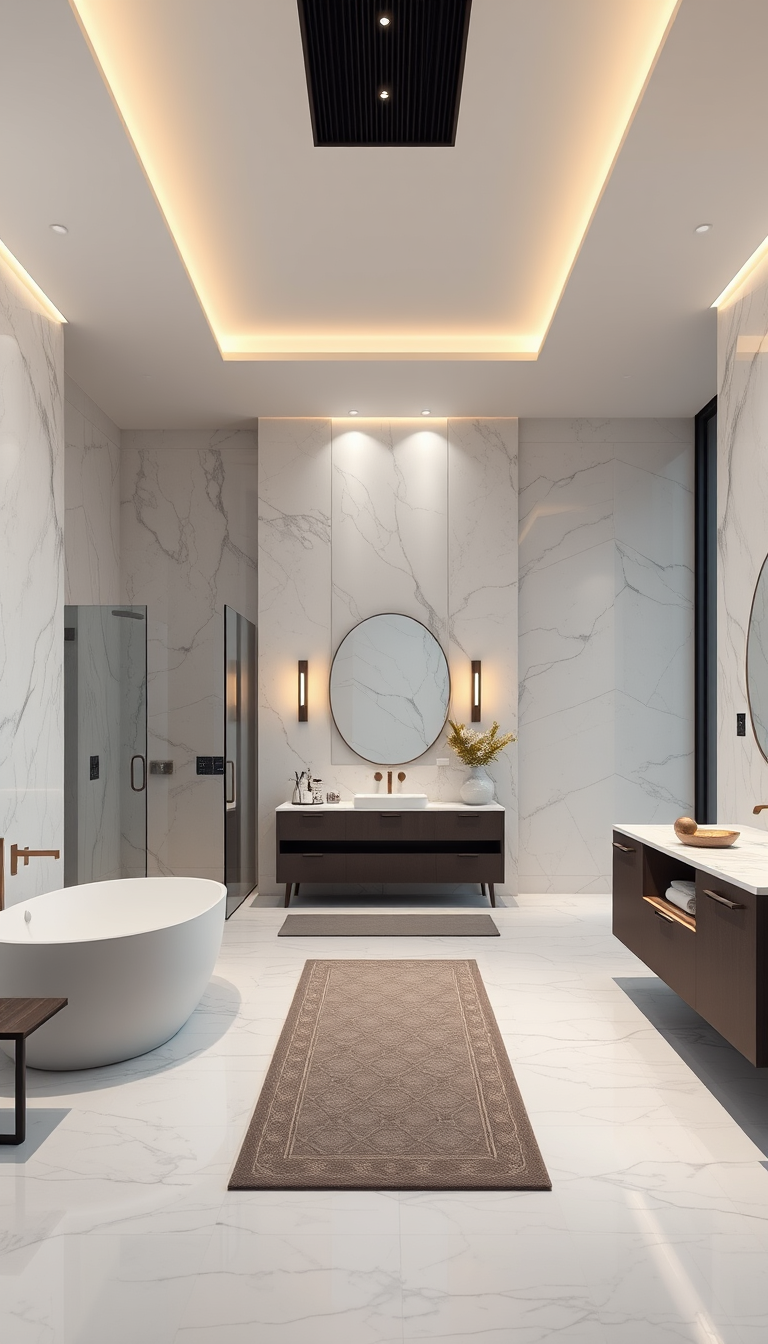 Interior Design idea: AI interior design, cohesive furniture layout decor and lighting, photorealistic interior render, Luxury modern bathroom, spacious and elegant, marble