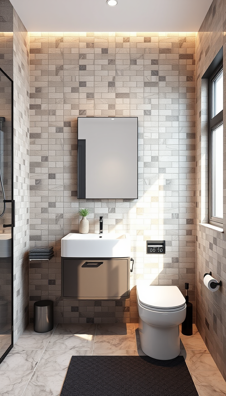 Bathroom Design idea: AI bathroom design, tiled surfaces vanity and fixtures, photorealistic interior render, Quiero diseñador un baño de 154 centímetros de ancho y 270 cen
