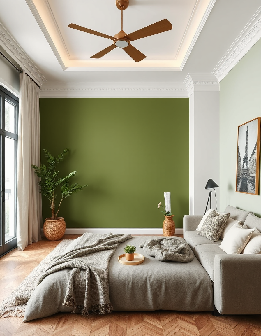 Paint Color idea: room repainted in a new wall color from the photo, accurate paint finish, photorealistic interior render, je souhaite colorer le mur en vert olive sur