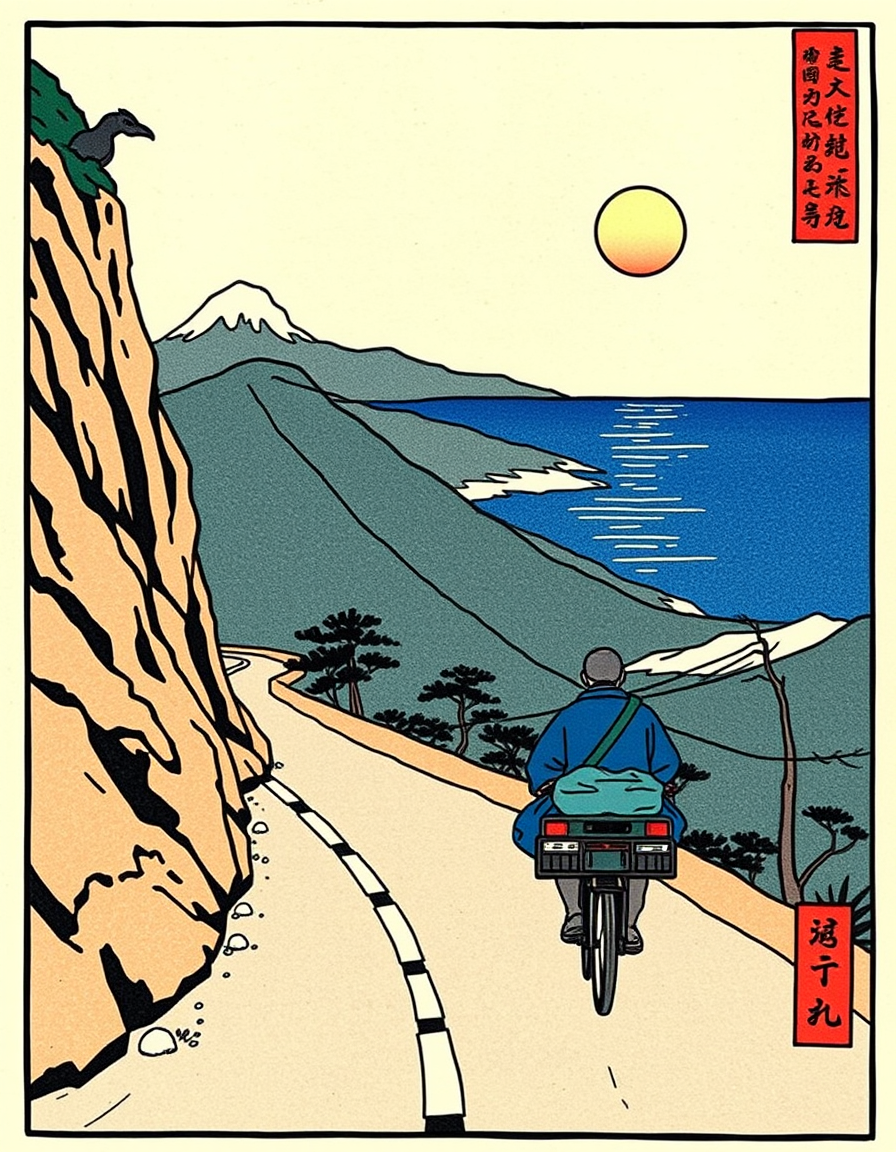 Ukiyo E idea: ukiyo-e woodblock print, flat color planes, bold black outline, traditional Japanese print, Sur une route de montagne, le long de la côté, le soleil l