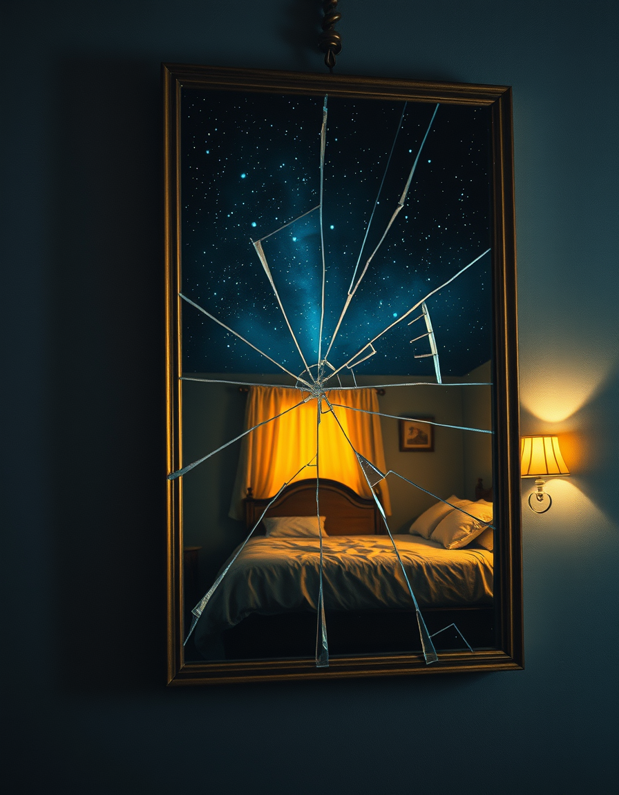 Book Covers idea: cover-ready concept art organized around genre, focal point, and title-safe space, deliberate composition, A conceptual image of a cracked mirror refl
