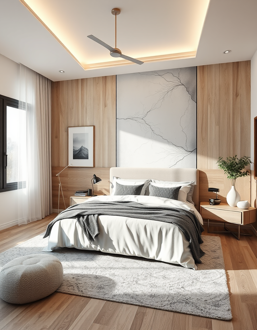 Bedroom Design idea: AI bedroom design, bed layout decor and lighting, photorealistic interior render, massivholz bett , bedroom makeover visualization