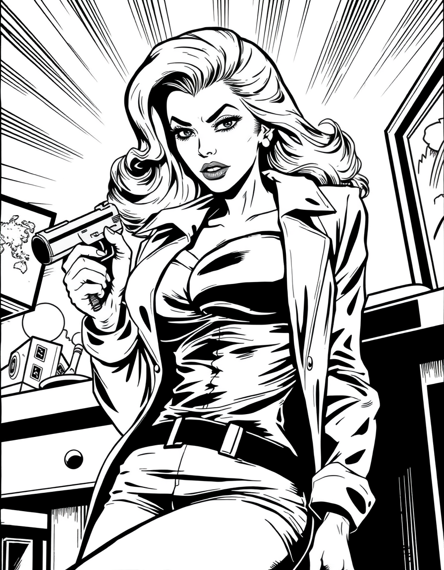 Comic Art idea: comic art, bold ink lines, halftone shading, dynamic composition, comic art, bold ink lines, halftone shading, dynamic composition, A busty blonde pri