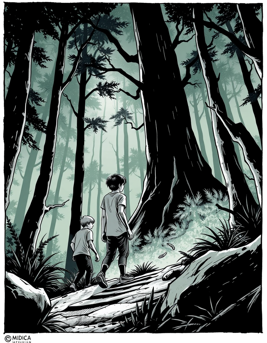 Comic Art idea: comic art, bold ink lines, halftone shading, dynamic composition, Dos amigos y una amiga, Diego, Marcos y Valeria, van al bosque a grabar un video amb