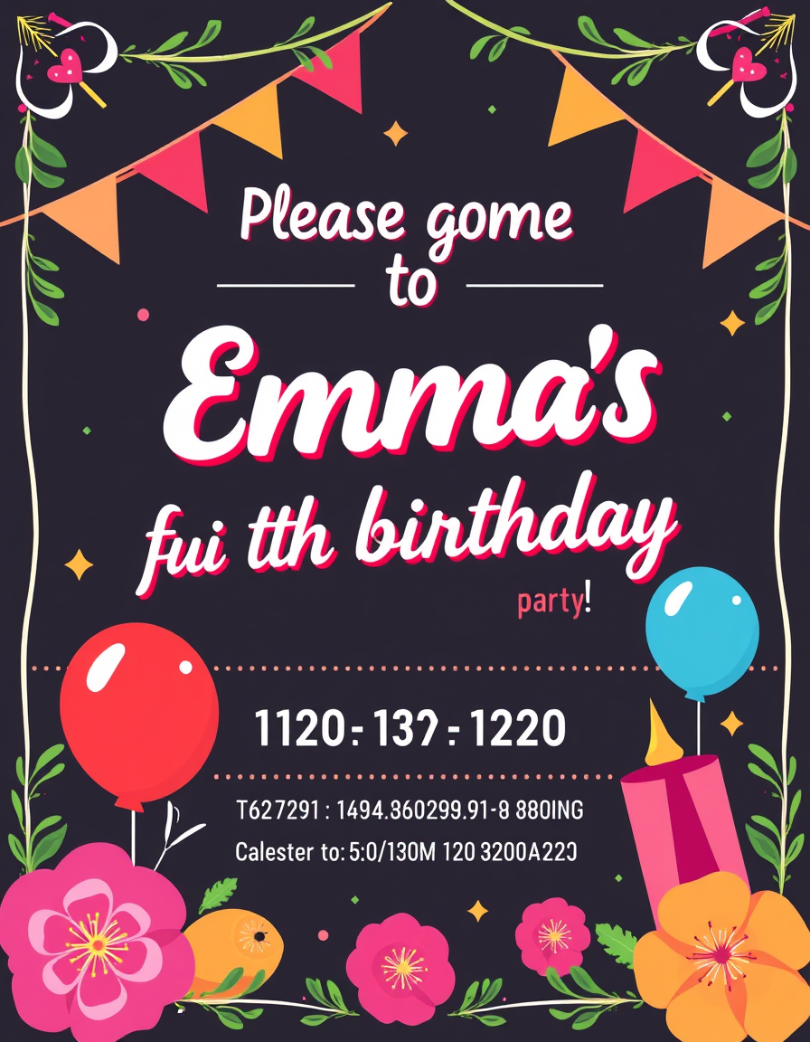 Invitation idea: party invitation design, festive layout, decorative border, space for event details, Birthday party invitation saying please come to Emma's fun 12th b