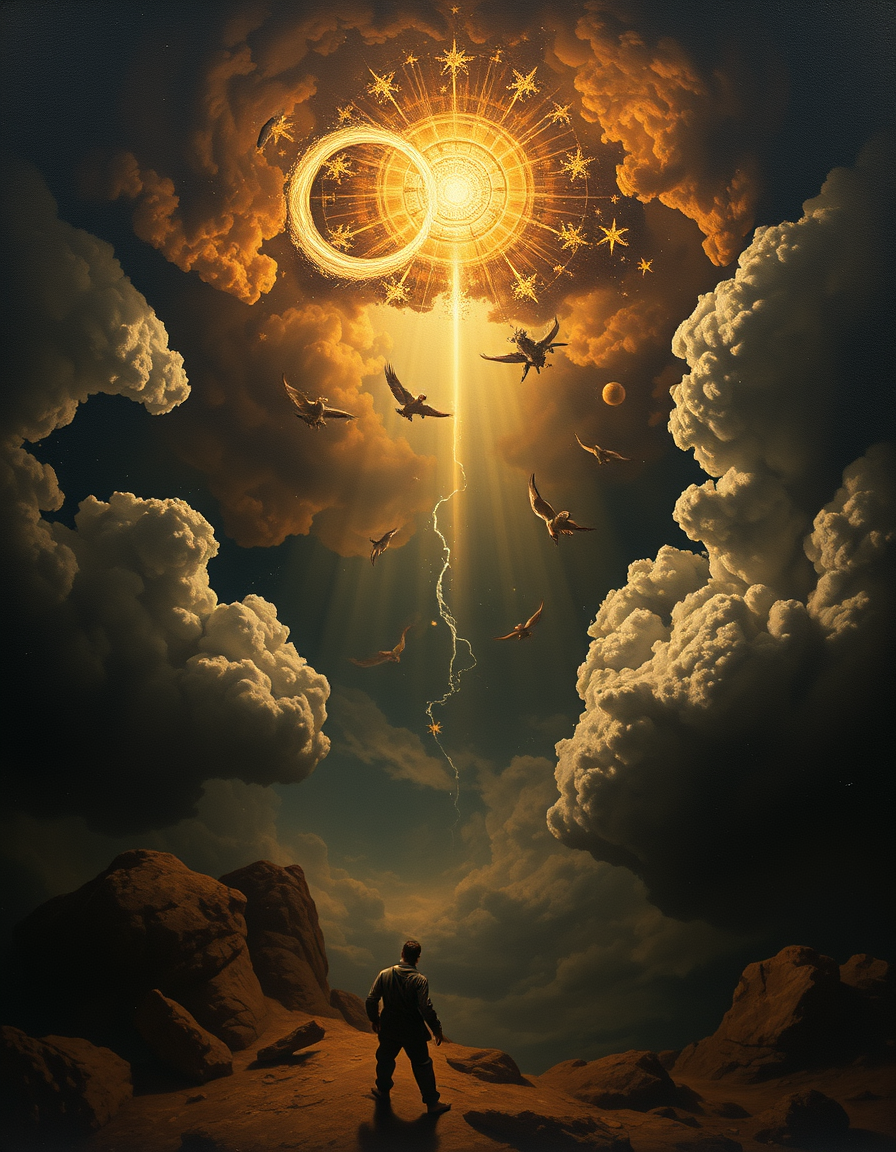 Main painting studio: inspired by mel gibson style and Caravaggios painting create a depiction of the firmament before the creation