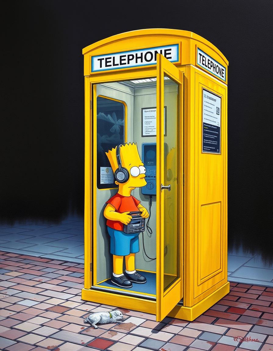 AI Painting prompt example created from the prompt: Vertical traditional oil painting on canvas of an authentic yellow German Deutsche Bundespost telephone booth from the 1990s, with its disti