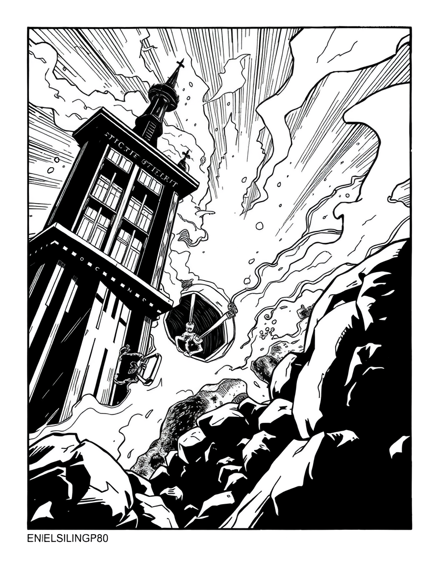 Comic Art idea: comic art, bold ink lines, halftone shading, dynamic composition, Engel , graphic novel illustration, comic panel ready