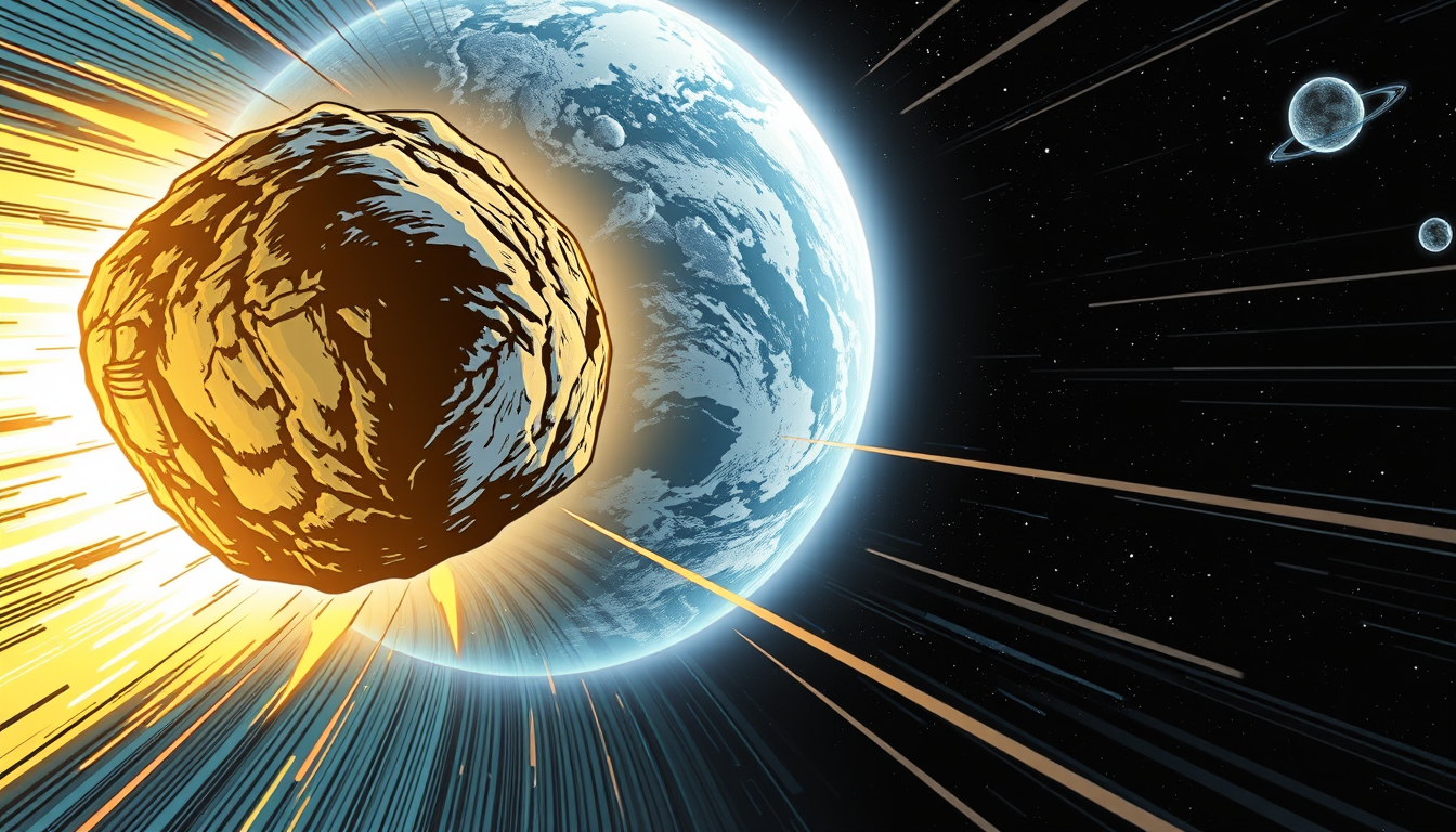 Main painting studio: Cinematic full-color comic-book panel. The mysterious glowing rock races through space toward Earth, becoming larger as it approaches. Earth is visibl