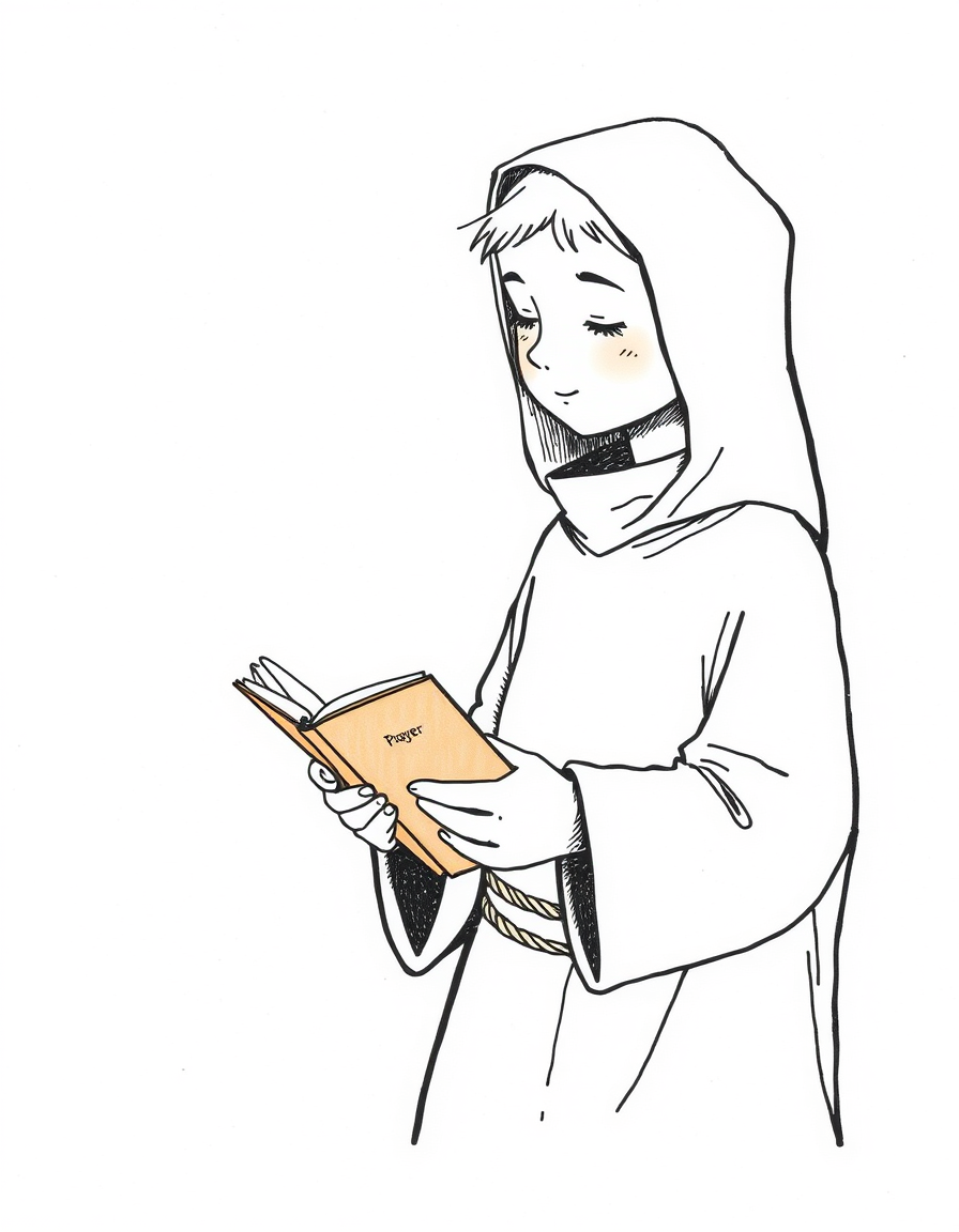 Storybook Illustrations idea: storybook illustration, warm narrative scene, hand-drawn feel, soft palette, "Young Capuchin friar in simple brown habit with hood, minimalist line ar